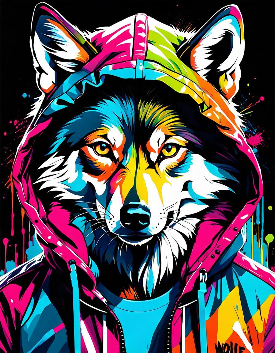 Colorful Wolf Portrait in Graffiti Art Style