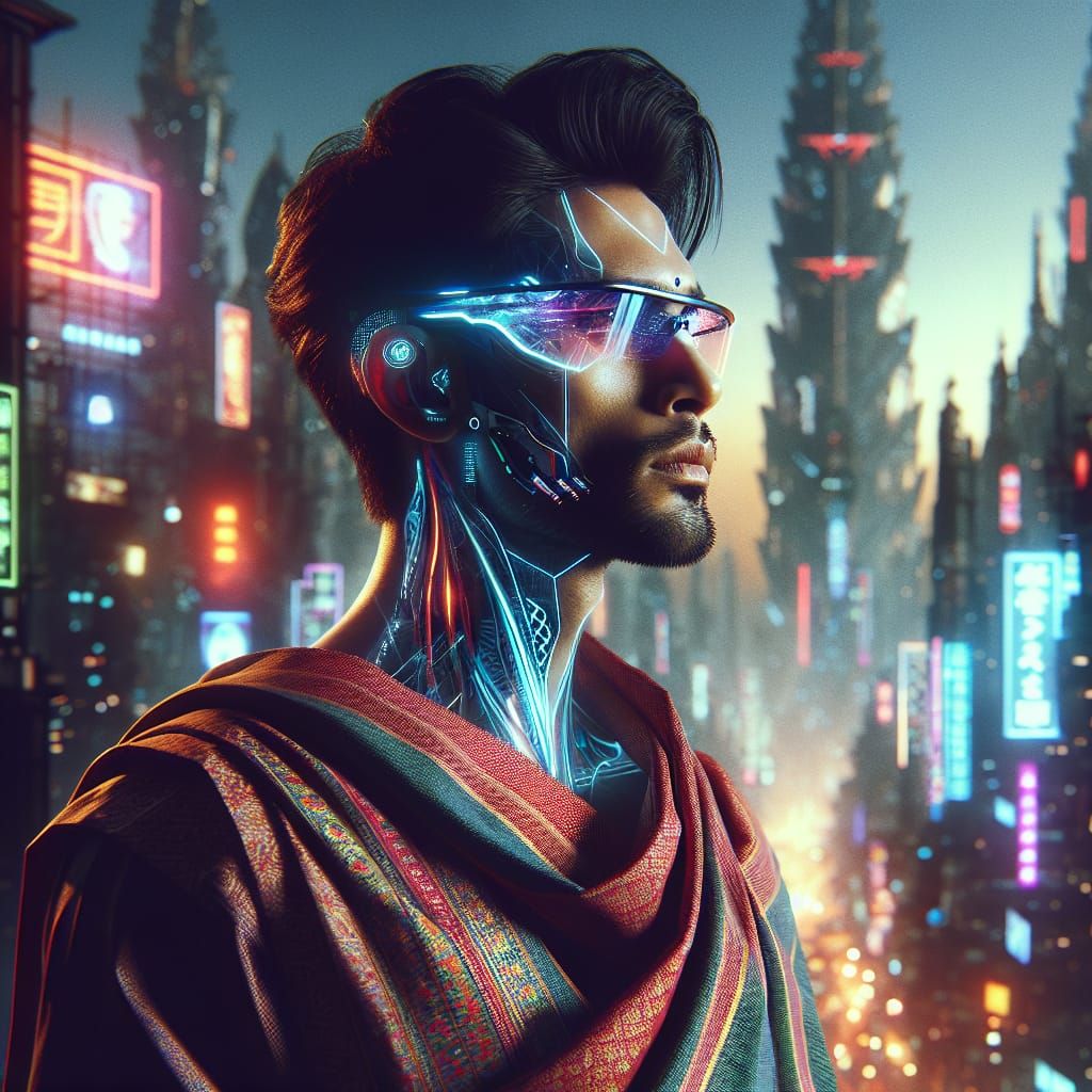Cyberpunk Gandhi in Dystopian Cityscape