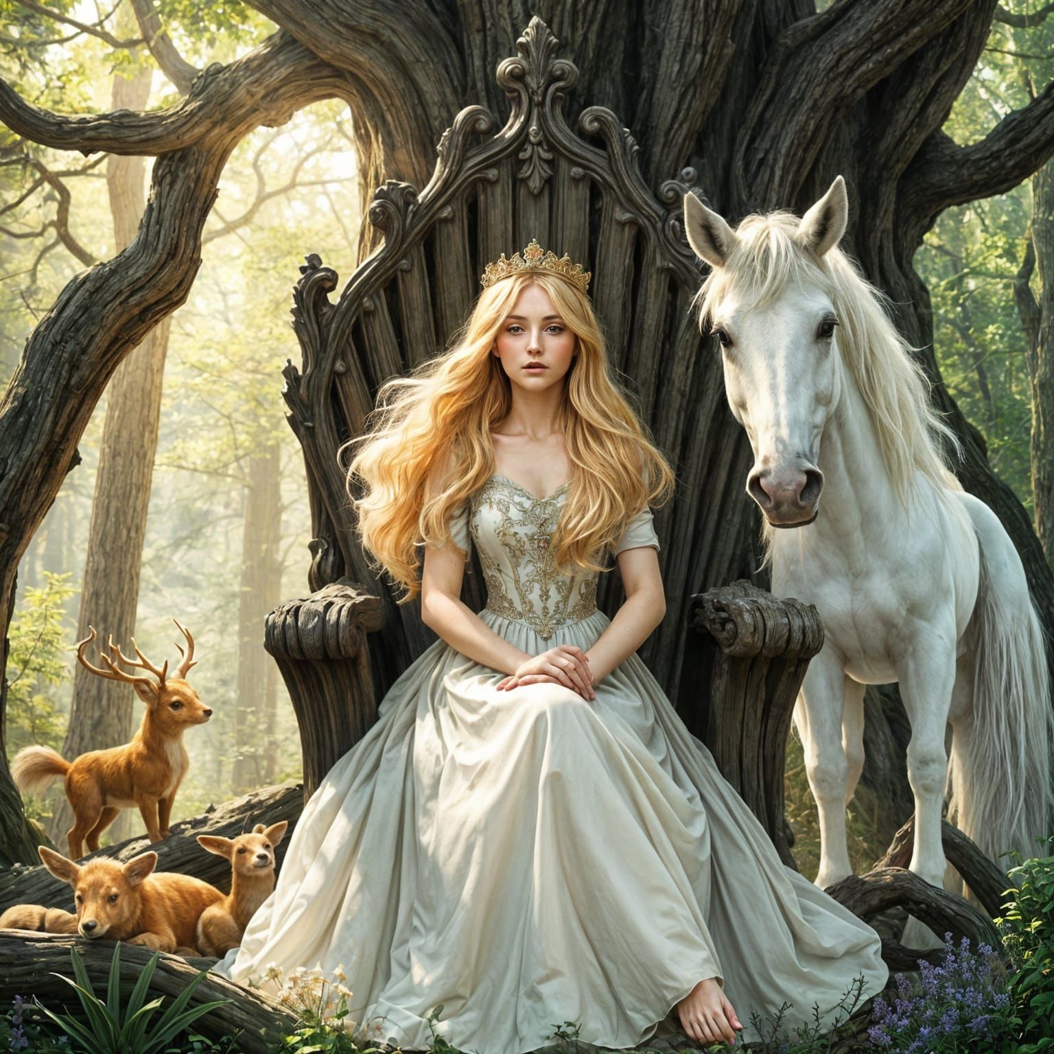 Blonde Princess on Oak Throne in Sunlit Forest