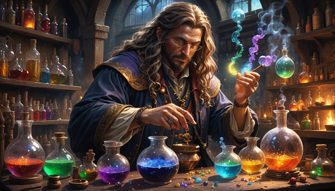 Medieval Alchemist Making Magic Potions at Night