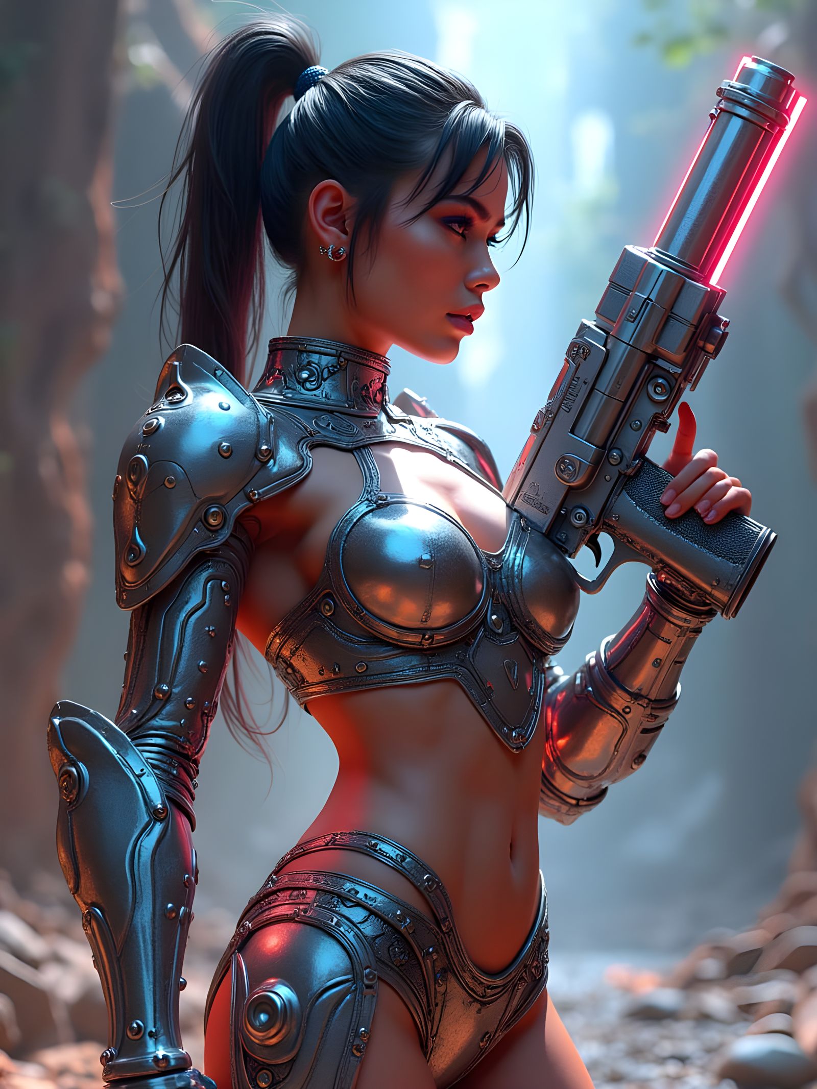 Futuristic Warrior Woman in Liquid Metallic Armor