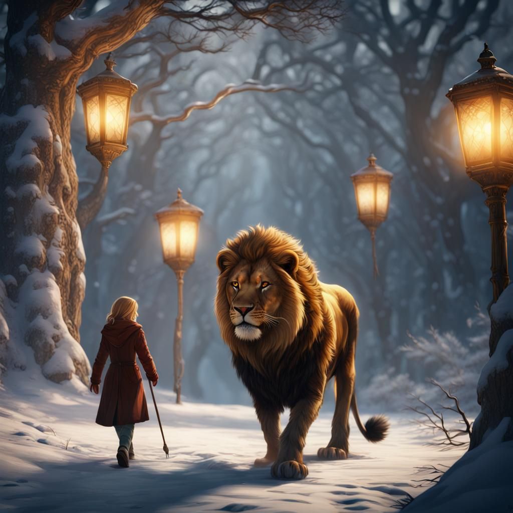 Aslan and Lucy in Snowy Fantasy Landscape