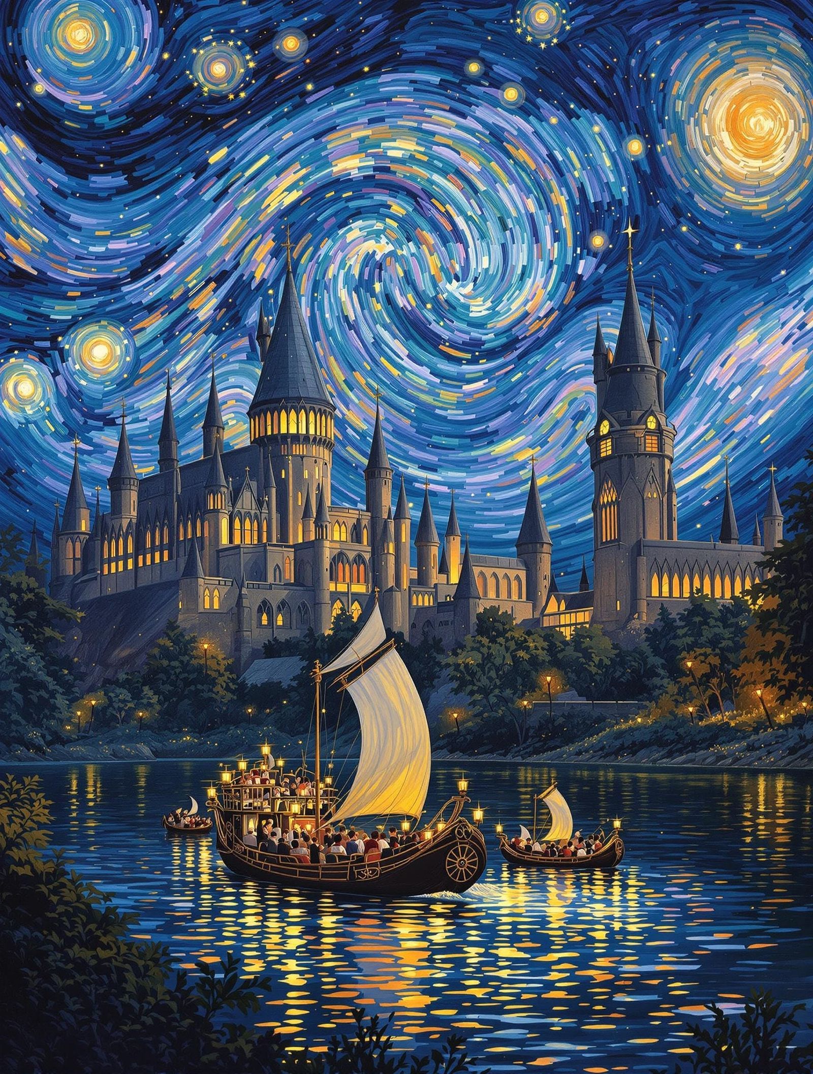 Hogwarts at Dusk: A Van Gogh-Inspired Arrival