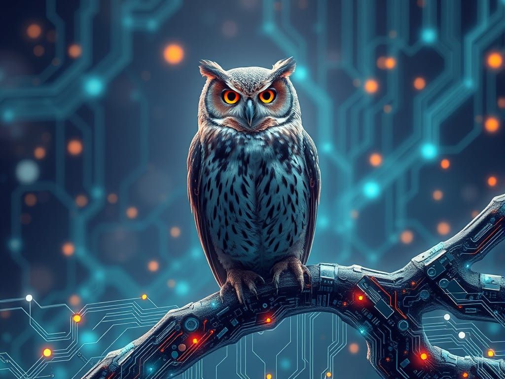 Cyberpunk Owl Perched on Circuitry Branch in Fractal Glory