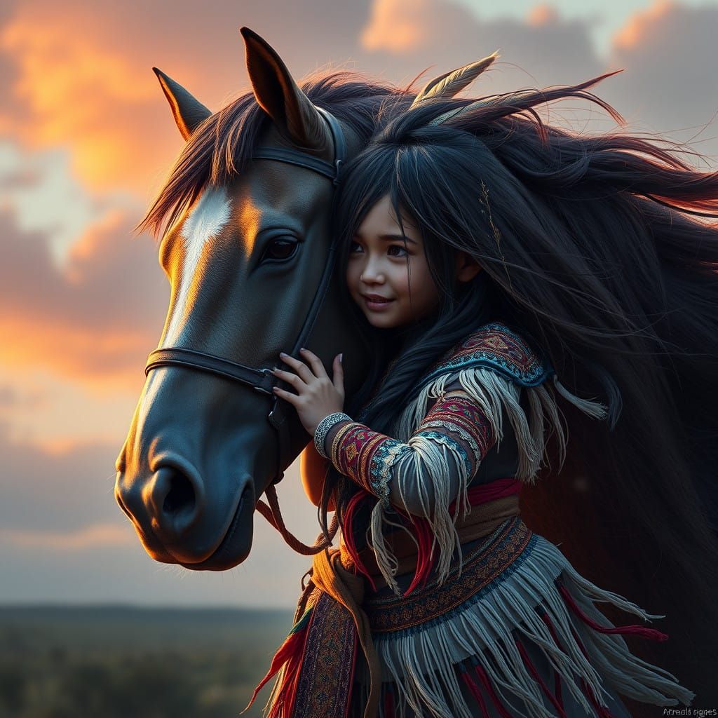 Surreal Native American Girl Hugs Horse in Whirling Vortex
