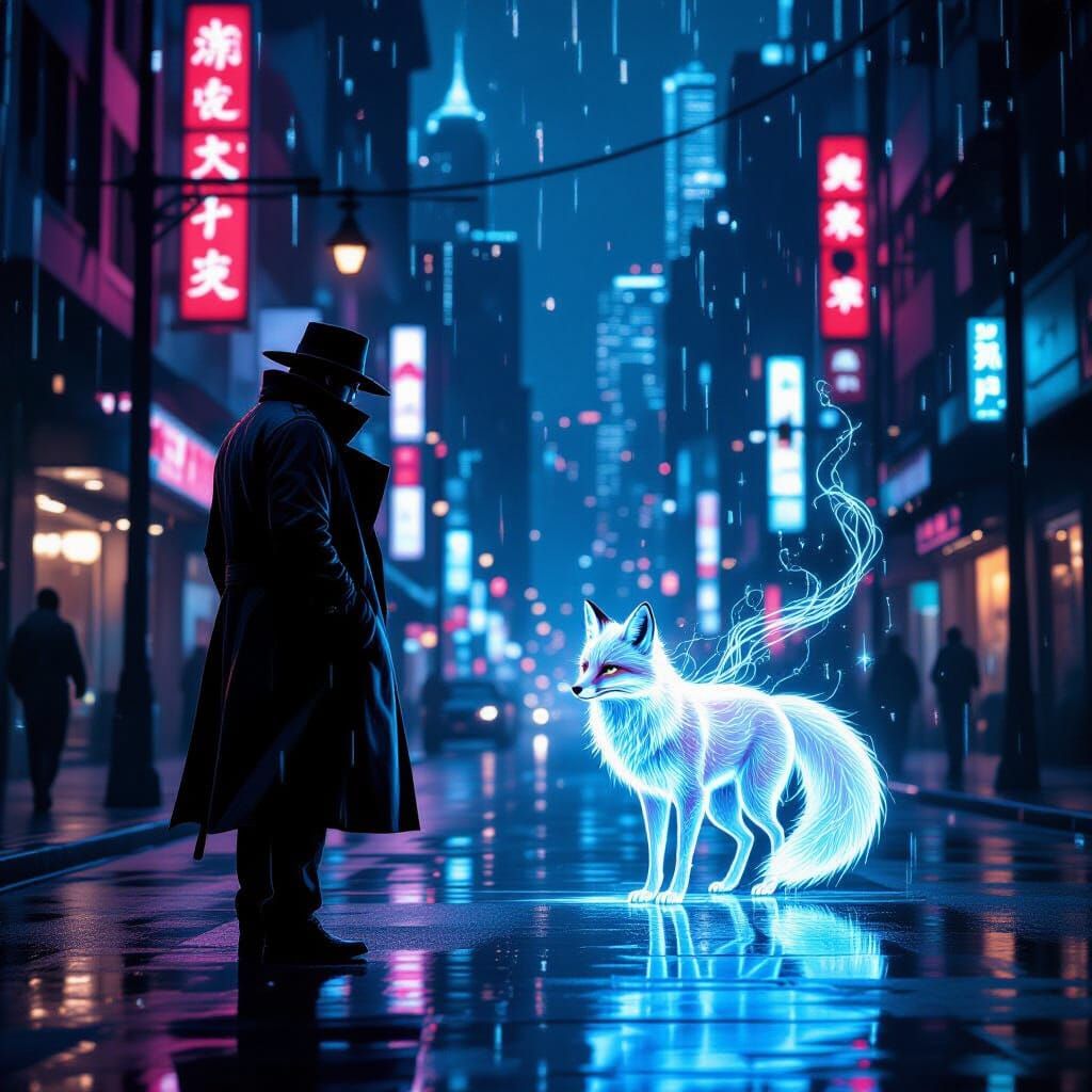 Detective with Holographic Fox Spirit on Neon Street