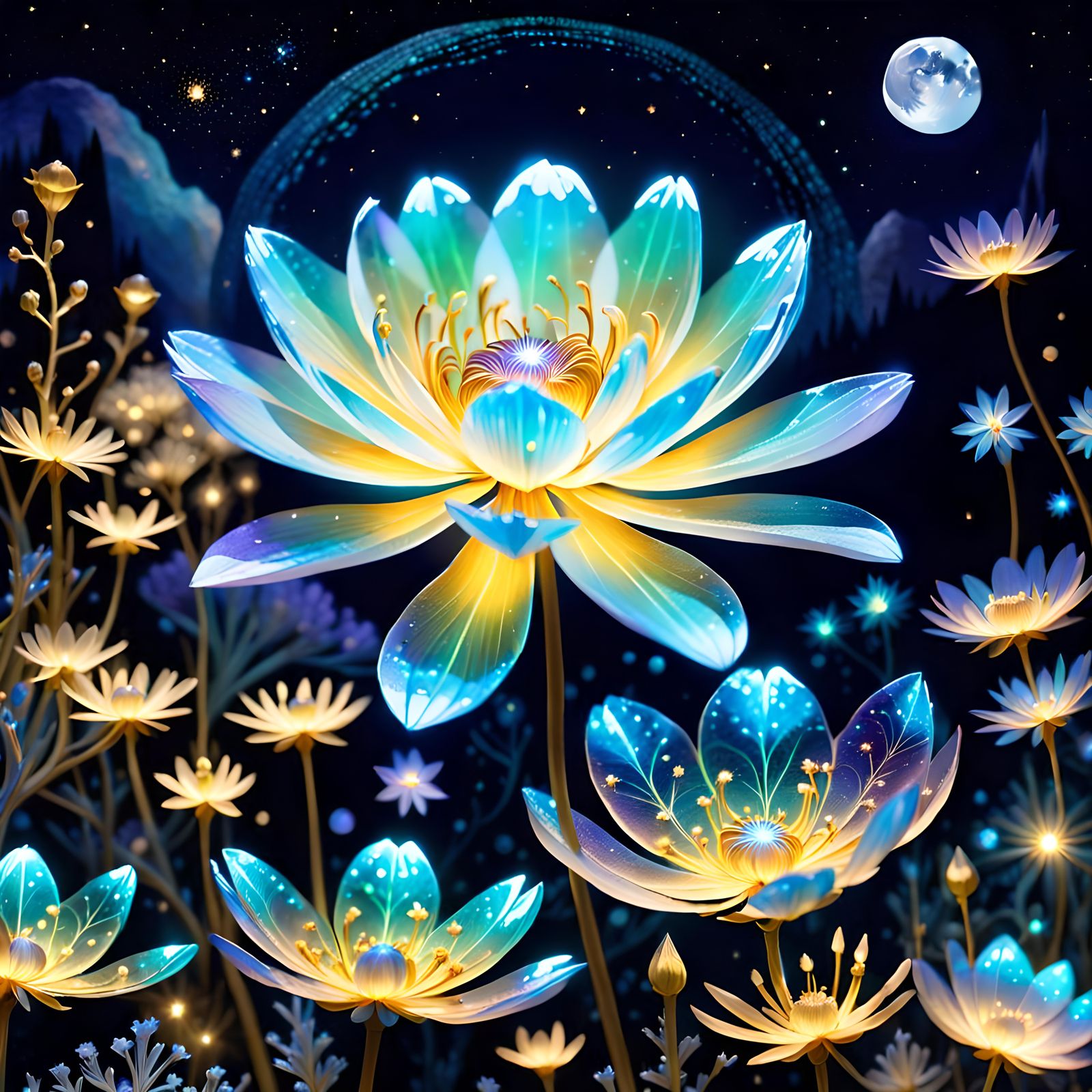 Iridescent Night-Blooming Flower in Moonlit Landscape