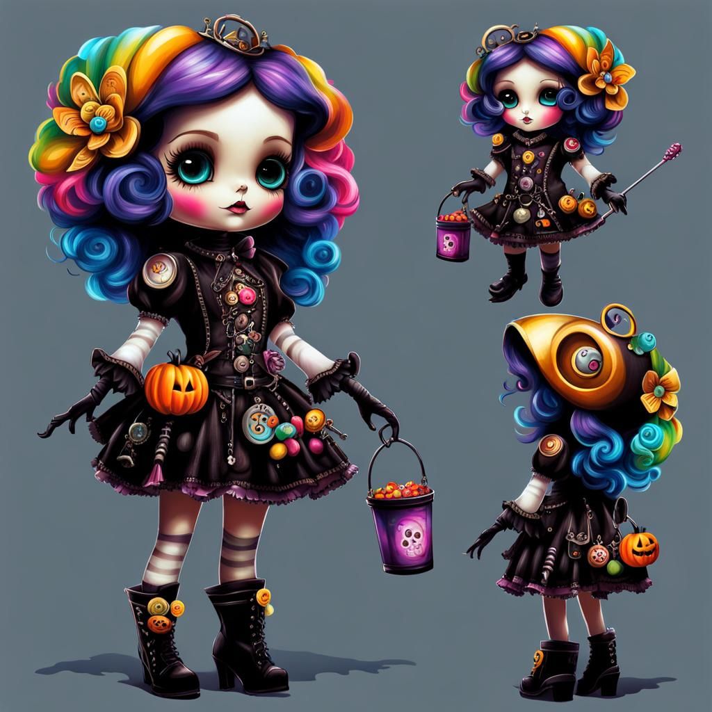 Aetherpunk Doll's Halloween Adventure in Street Art Style
