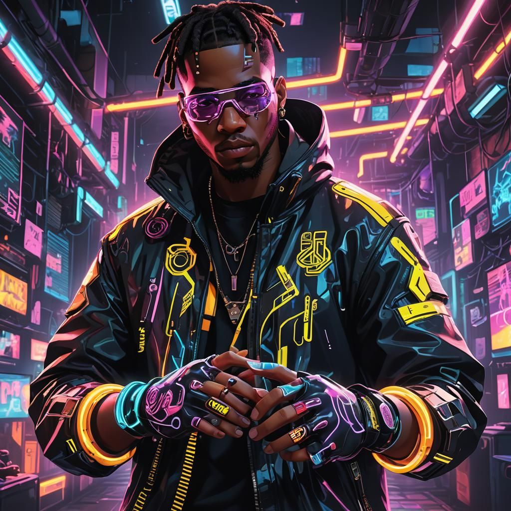 Cyberpunk Rapper with Neon Vinyl Projection