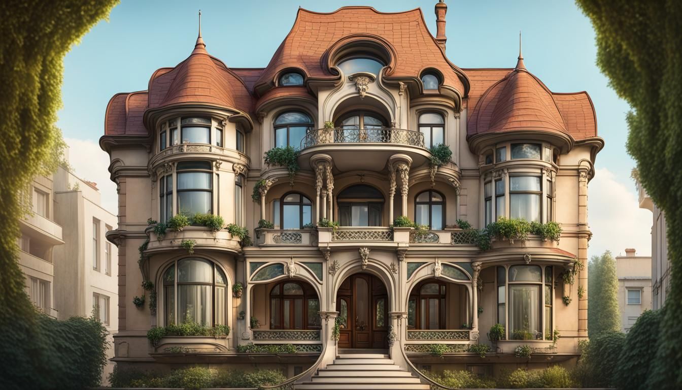 Art Nouveau House with Greenery and Central Well