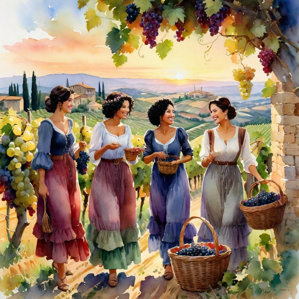 Joyful Grape Harvest in Tuscany: Watercolor Painting
