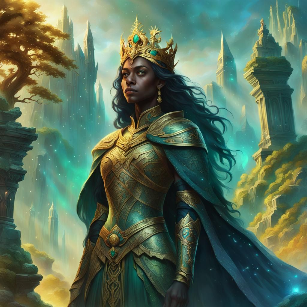 Regal Queen on Mountain of Ruins in Art Nouveau Style