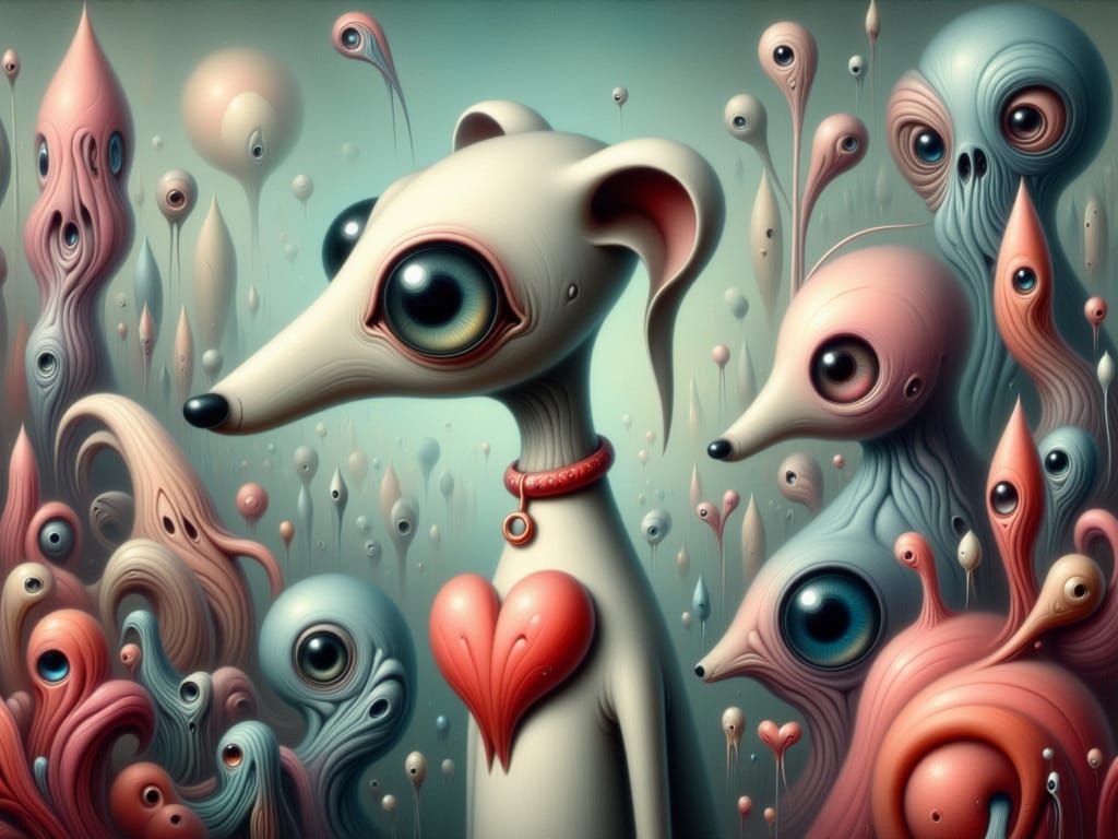 Surreal Cyberpunk Painting of a Futuristic Dog with Alien El...