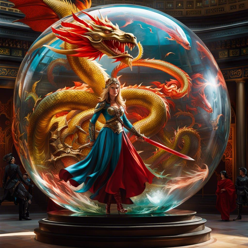 Warrior Princess vs. Dragon in Glass Sphere