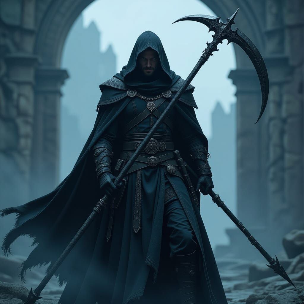Mystical Warlock with Glaive in Cinematic Style