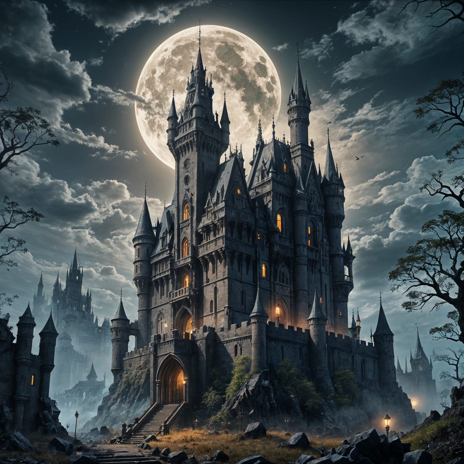 Crumbling Gothic Castle in Anime Style