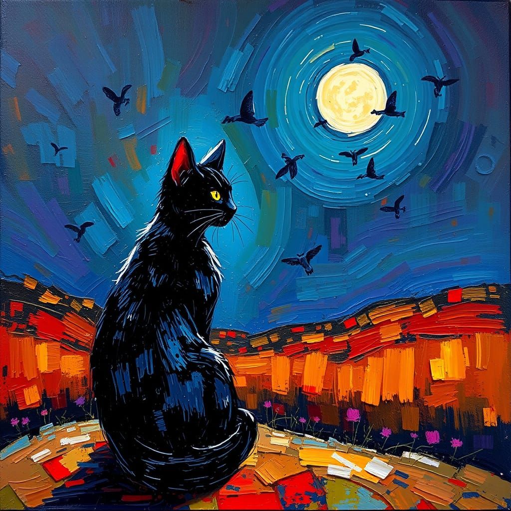 Whiskered Cat Under Vibrant Full Moon