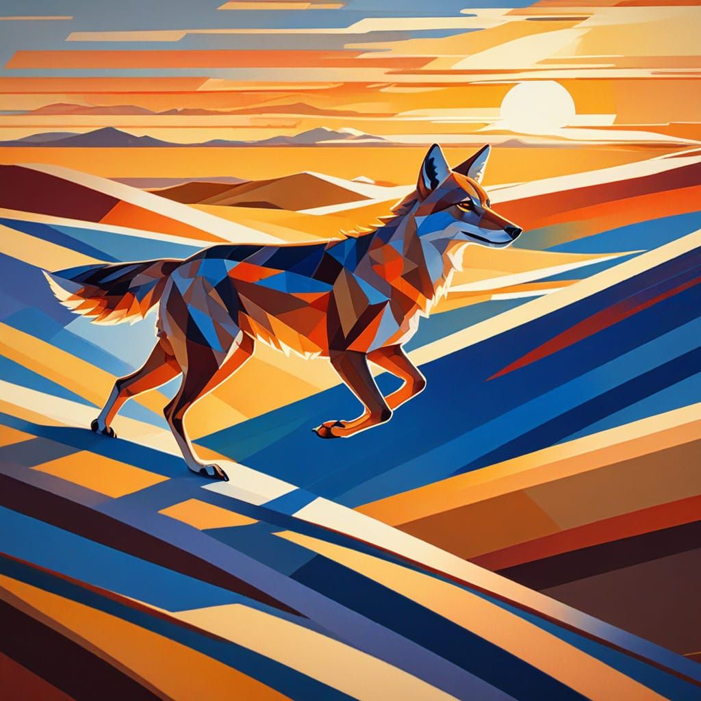 Coyote Runs Across Prairie in Abstract Cubism