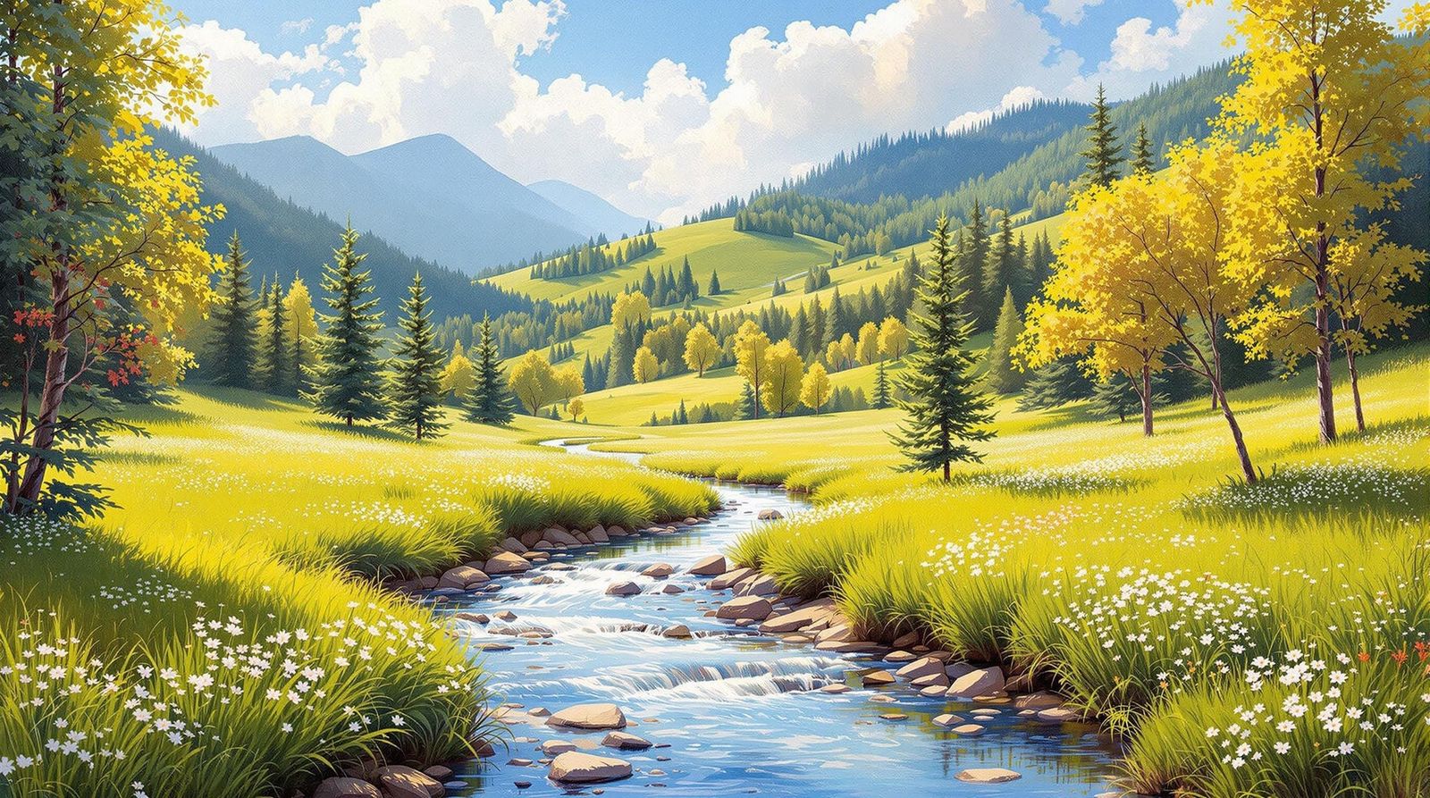 Detailed Oil Painting of Sunny Meadow Landscape