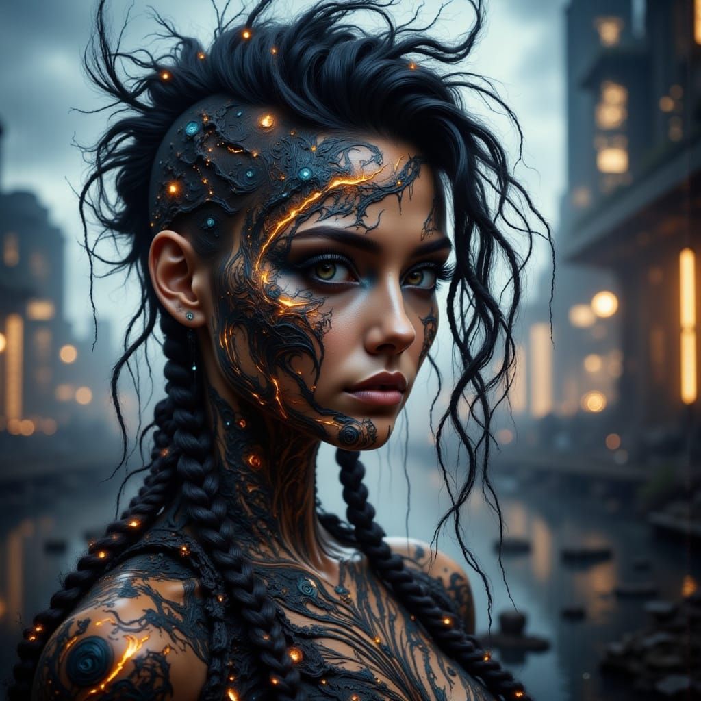 Futuristic Woman with Glowing Runes in Hyperrealism Style