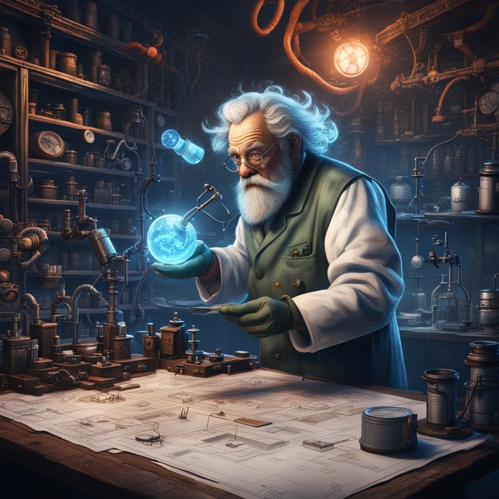 Mad Scientist with Blueprints in Detailed Matte Painting