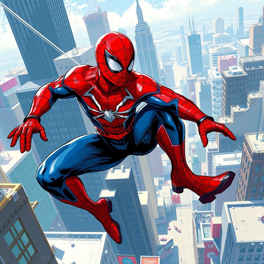 Spider-Man Swings Through Cityscape in Concept Art Style