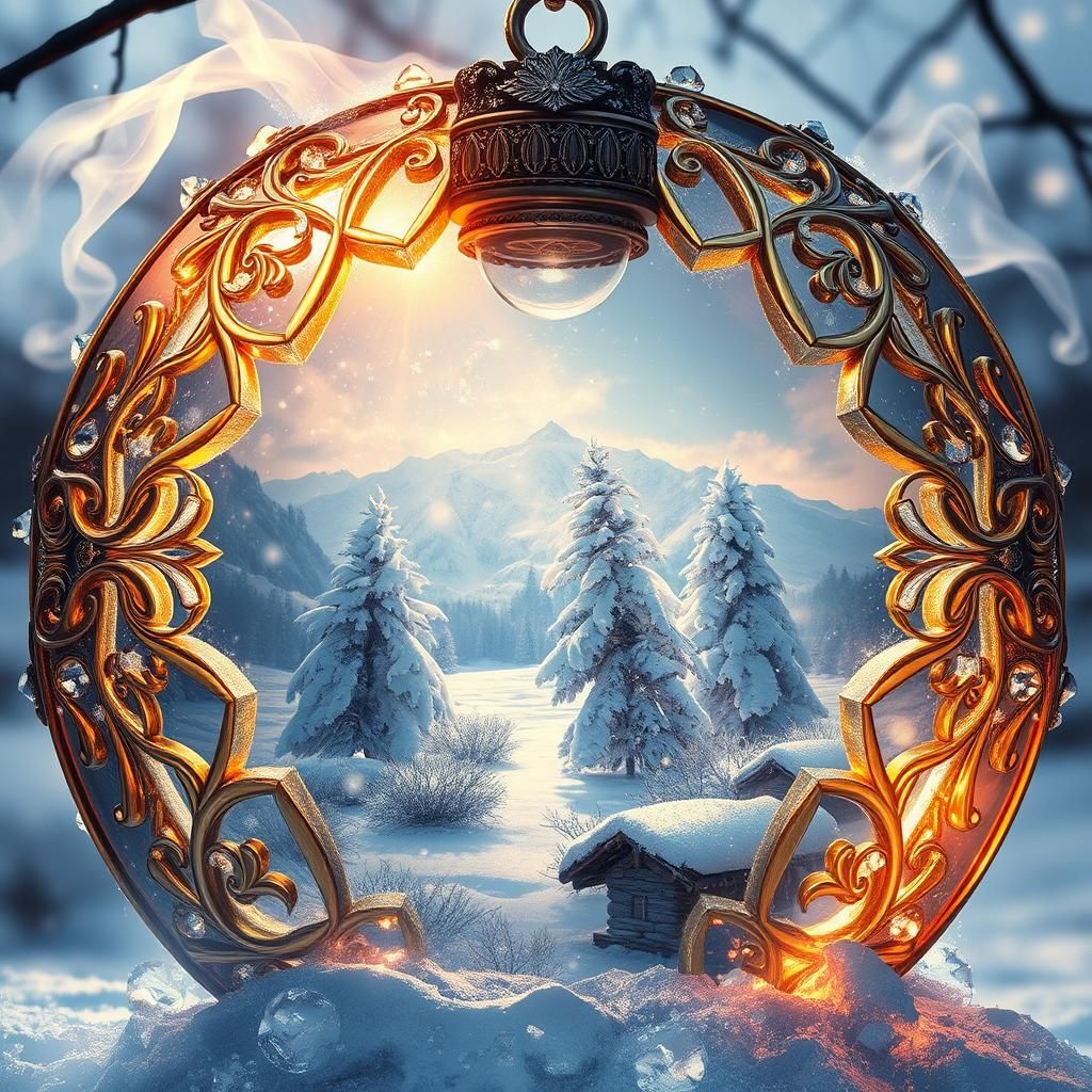 Winter Landscape Inside Crystal Ornament, Fantasy Digital Ar...