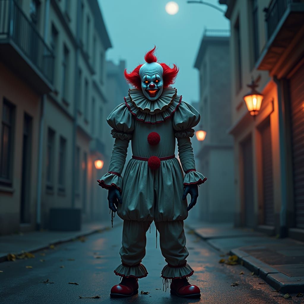 Eerie Clown in Deserted Street, Dark Fantasy Art