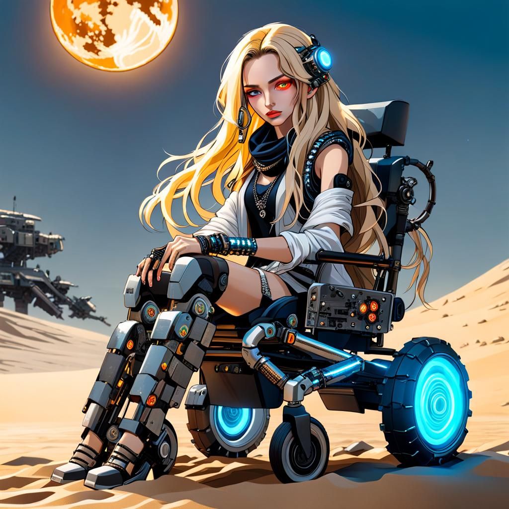 Cyberpunk Girl with Robotic Limbs in Wasteland