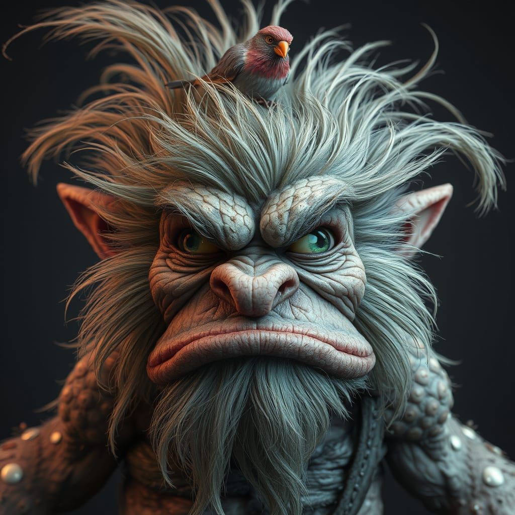Grumpy Troll with Bird Nest, Hyper-Realistic Digital Art