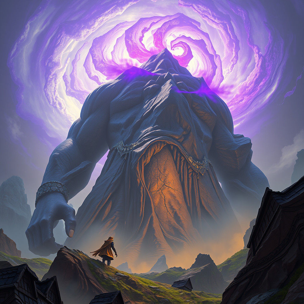 Colossal Titan Lifts Mountain in Dark Fantasy Art
