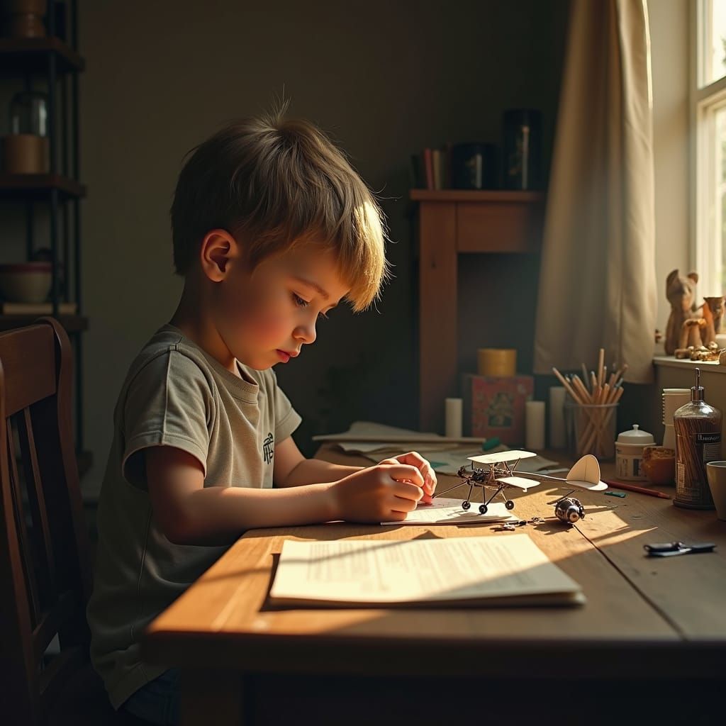 Boy Assembling Model Airplane in Photorealistic Style