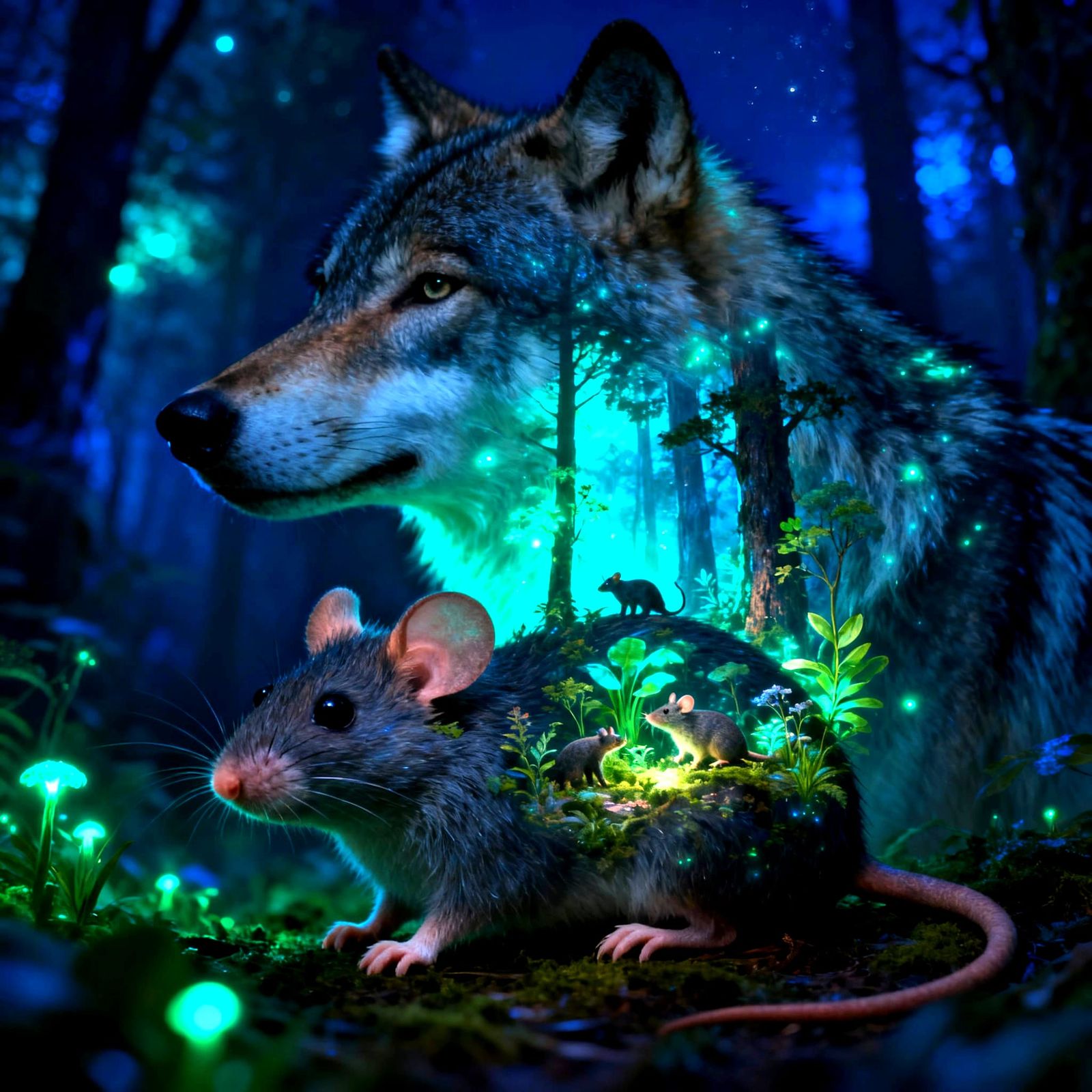 Bioluminescent Forest Wolf Portrait in Hyperrealistic Style