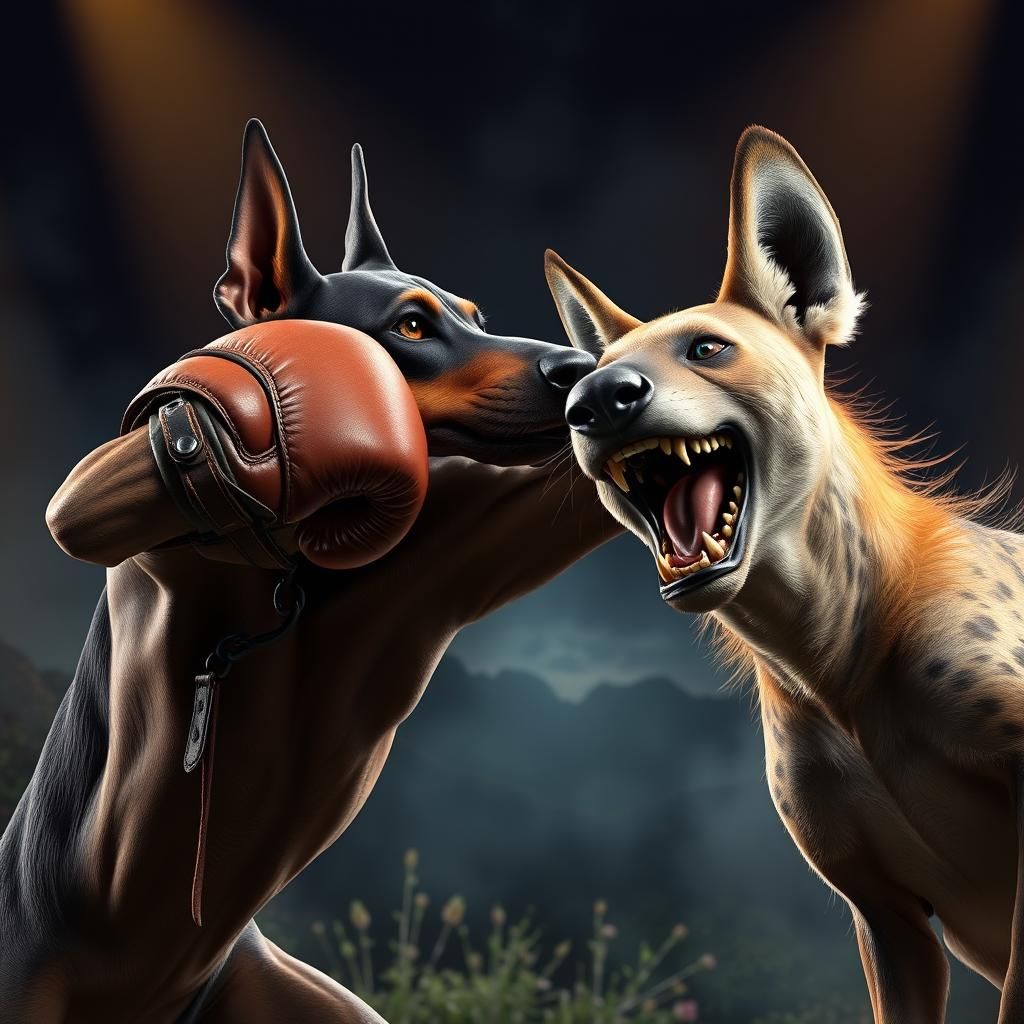 A boxing Doberman pincher knocking out a laughing hyena By a...