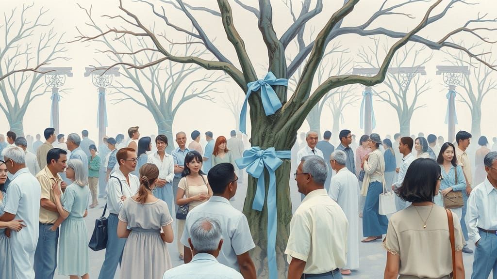 Serene Community Gathering with Pale Blue Ribbons