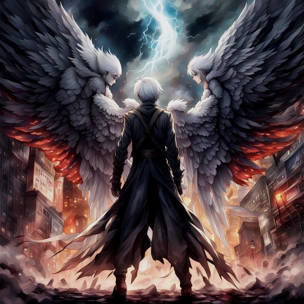 Action packed Manga Cover of a Ethereal Angel and Demon, facing off, in the style of tokyo ghoul re:, hyperdetailed, d...