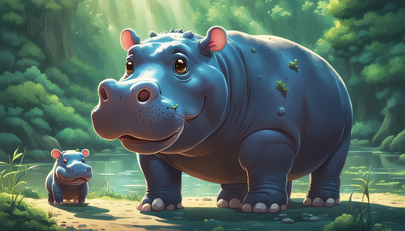 Happy Baby Hippo in Studio Ghibli Anime Style