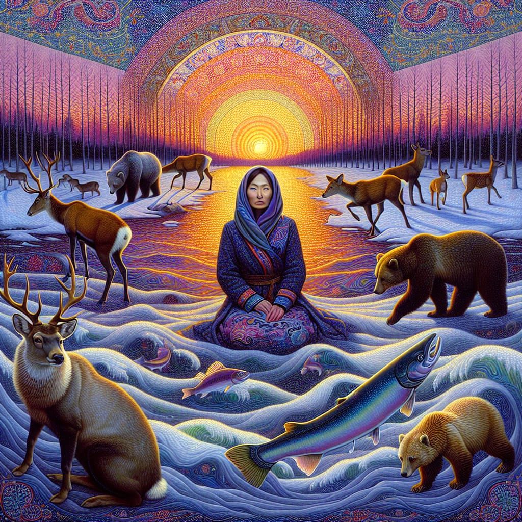 Mystical Twilight Scene with Woman in Auroracore Style