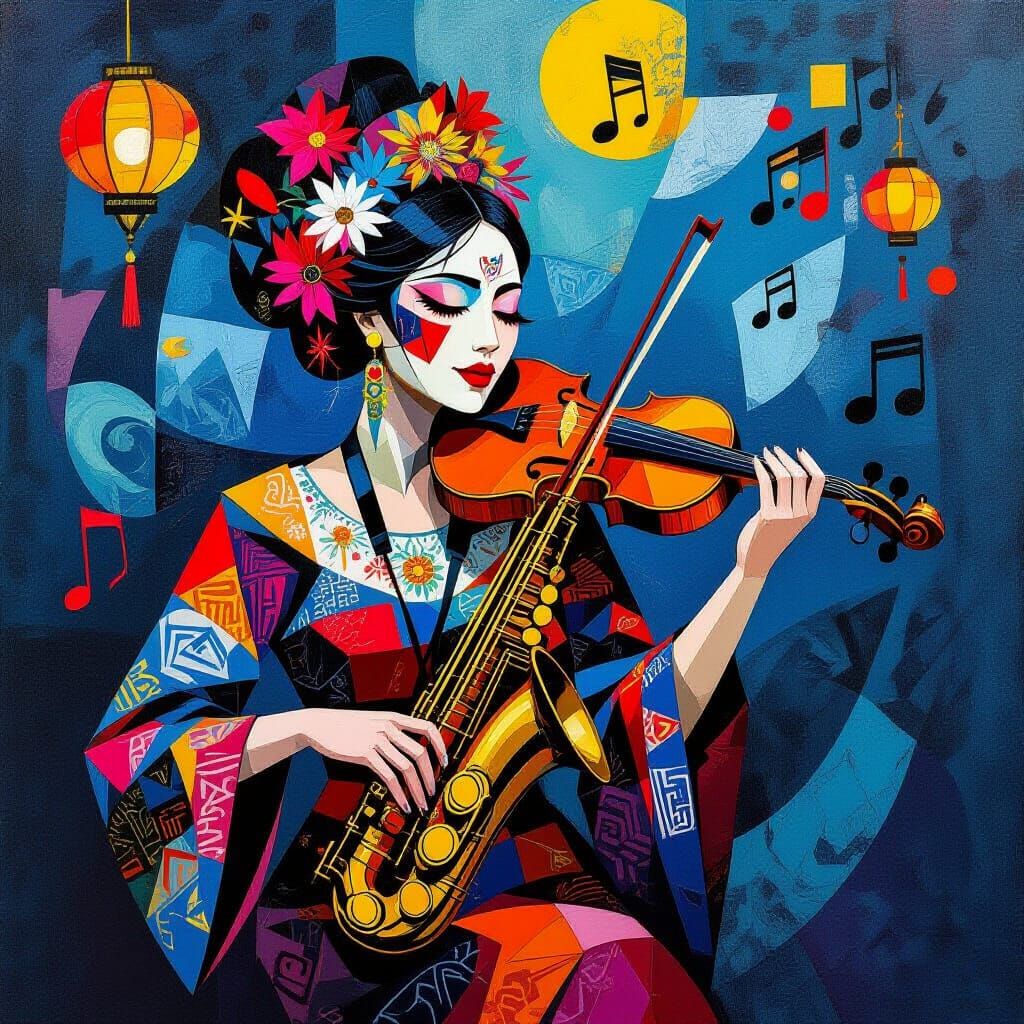 Musicians Perform in Cubist-Inspired Vivid Scene