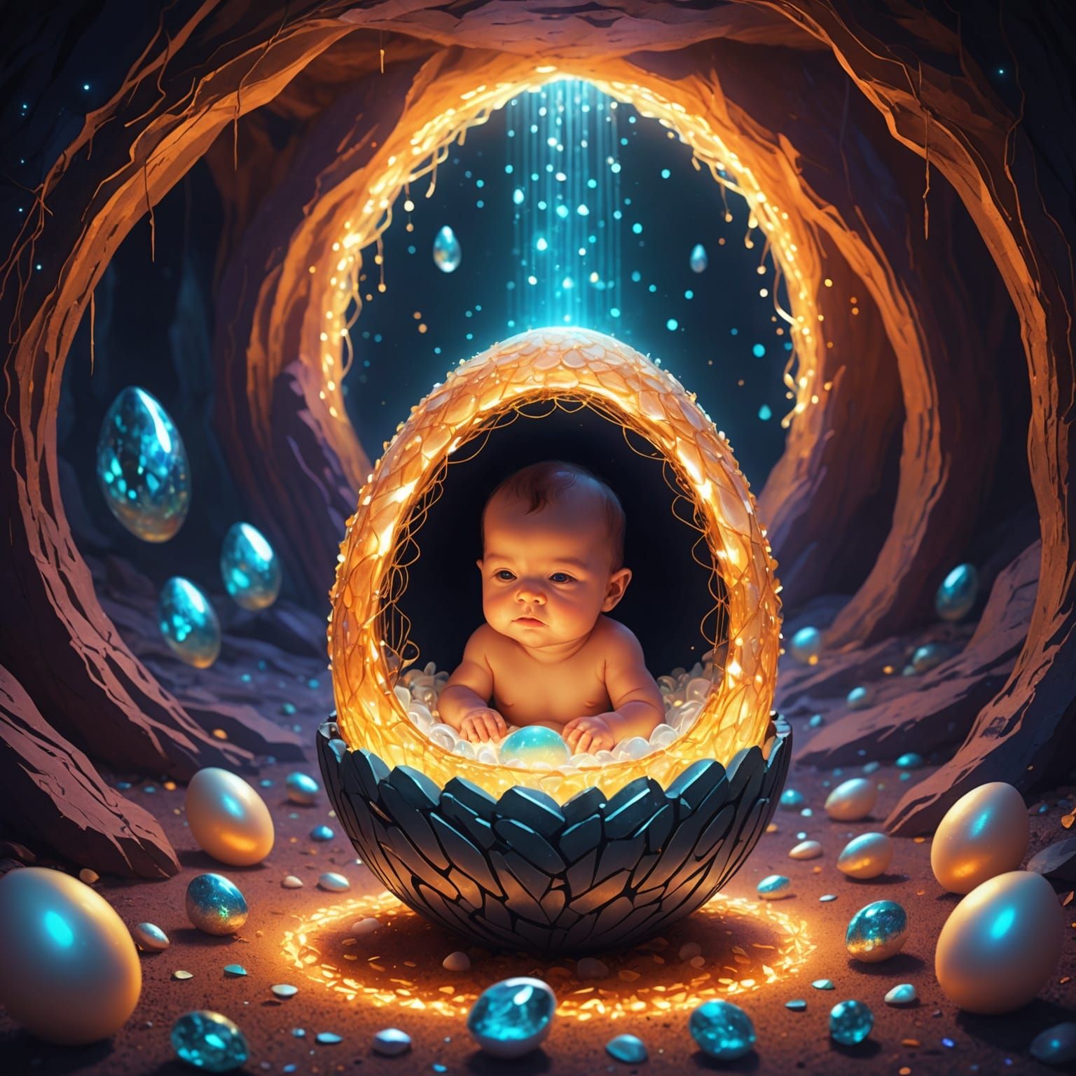 Newborn Phoenix in Diamond Cave: Holographic Illustration