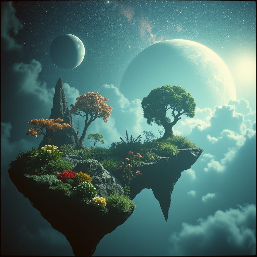 Surreal Cosmic Oasis Blooms with Lush Gardens and Glowing Fl...