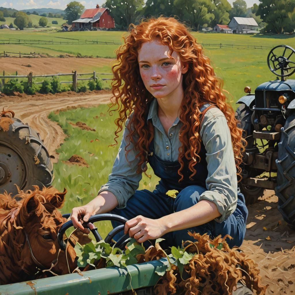 Redhead Girl on Farm in Oil Painting Style