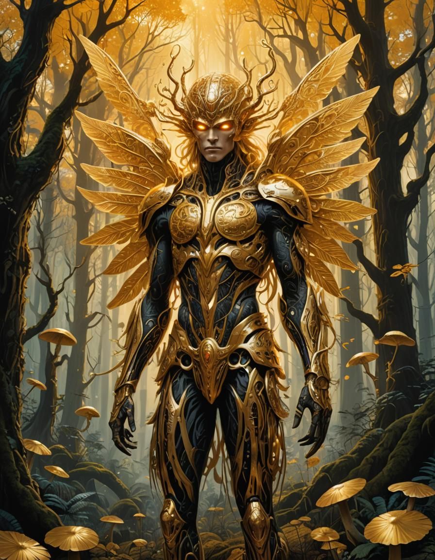 Golden Winged Being in Crystalline Forest, Pointillism Art