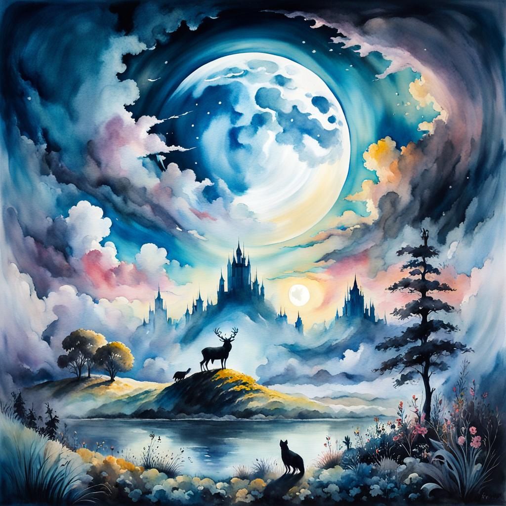 Surreal Moonlit Landscape with Fantasy Animals as Watercolor