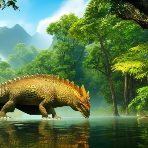 Hyperdetailed Prehistoric Jungle Lake with Dinosaurs