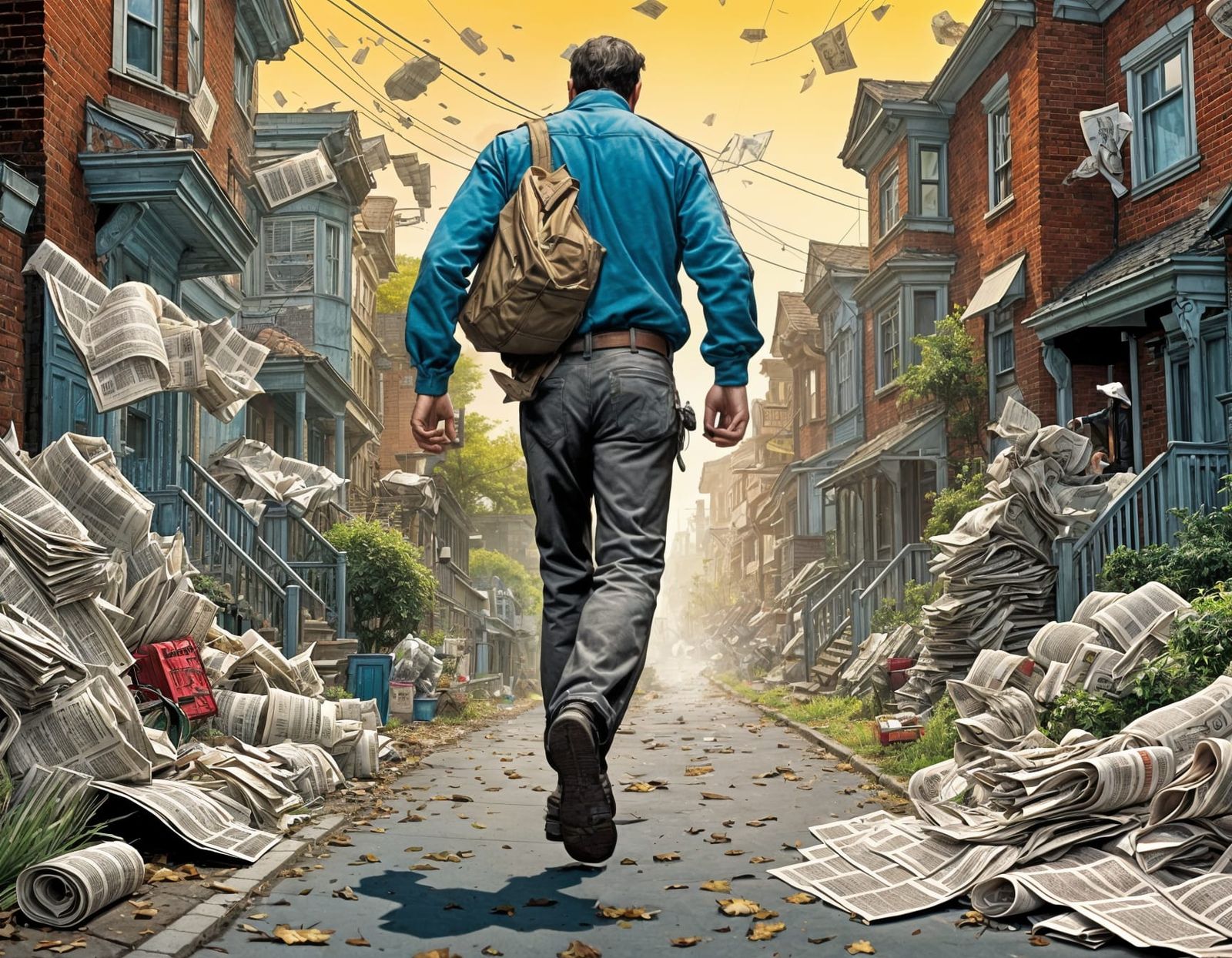 Man and Newspaper Monster in Comic Book Style