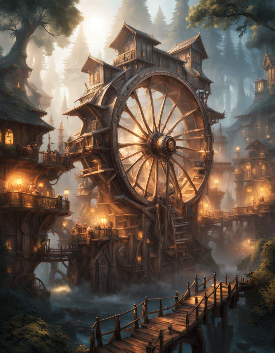 Steampunk Fantasy Waterwheel Powers Floating Village