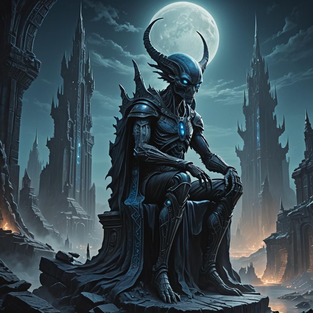Alien Monarch in Dark Fantasy Cityscape