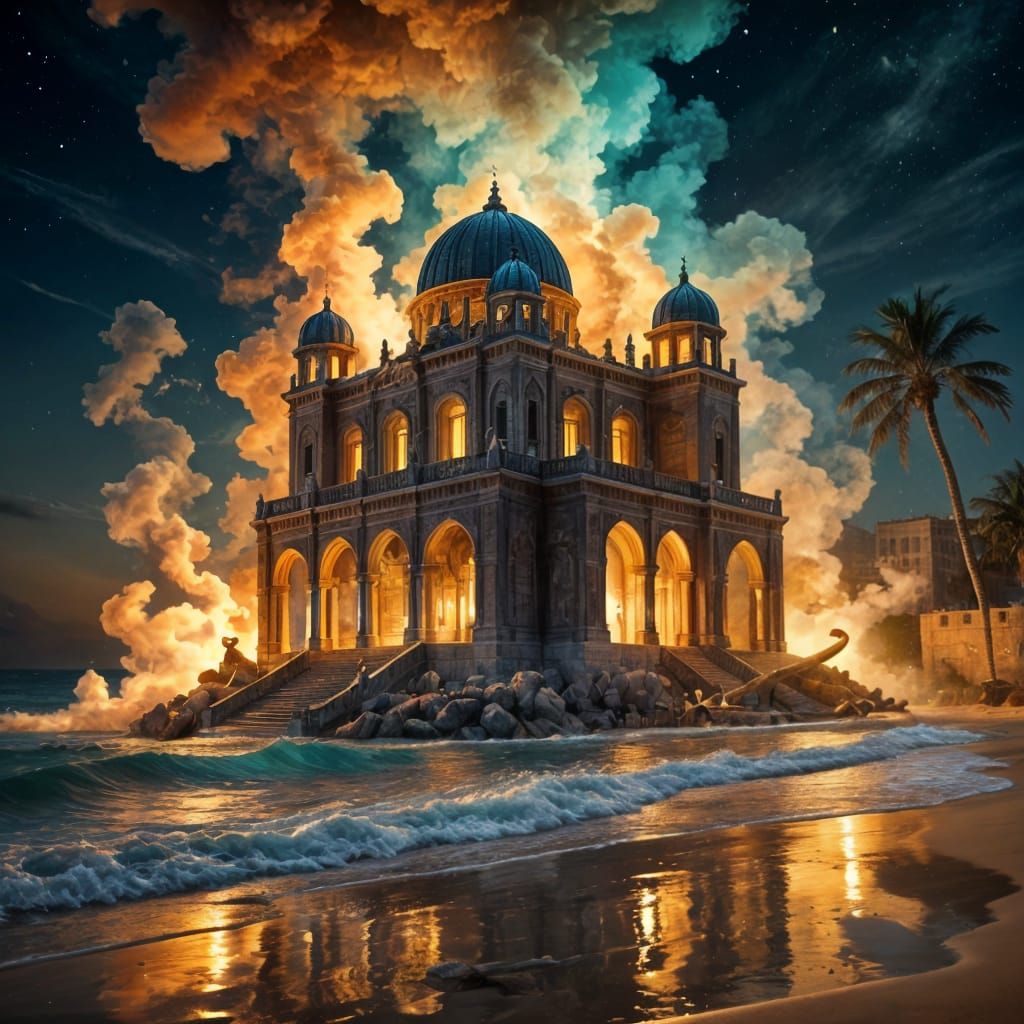 Surreal Palace on Mediterranean Shore at Night