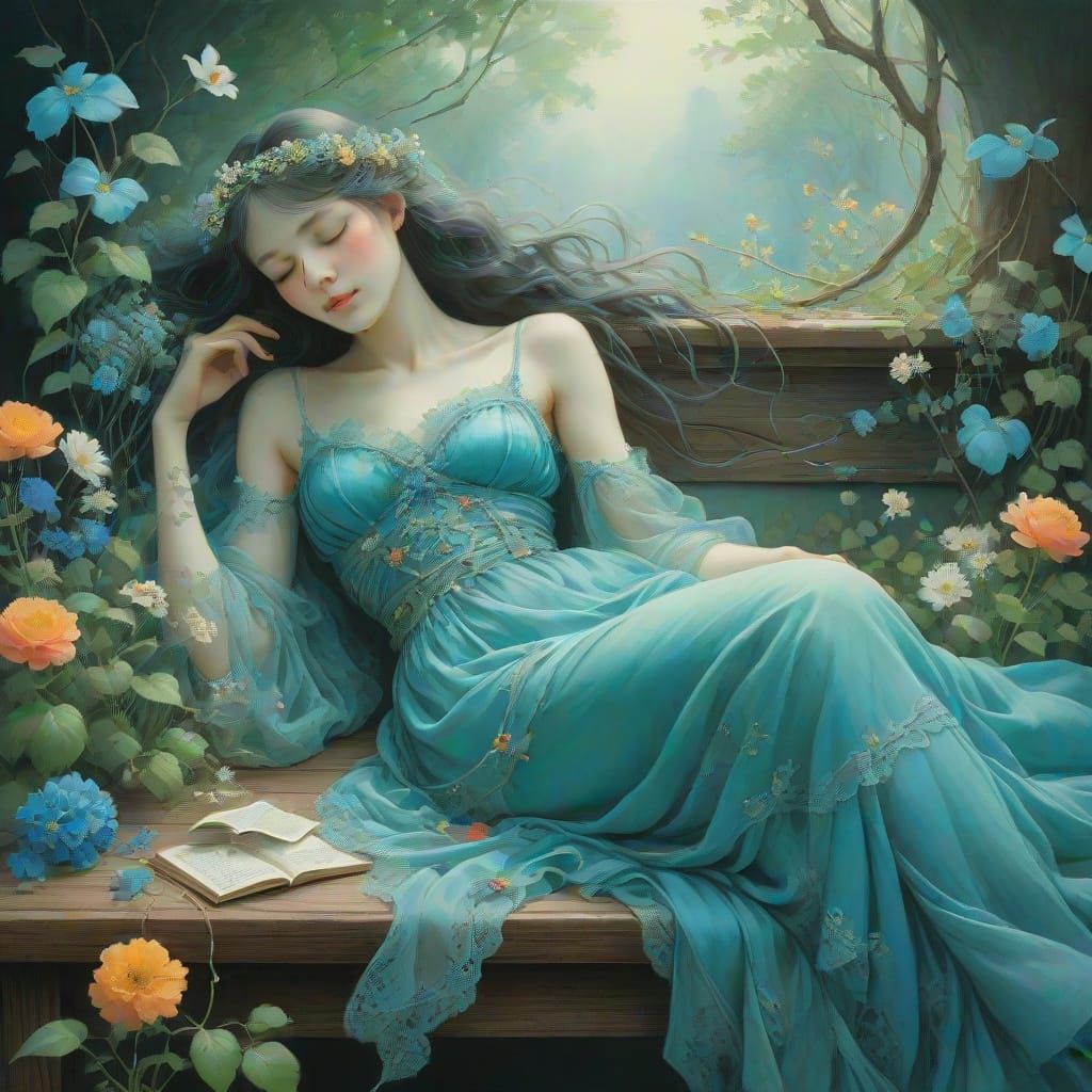 Delicate Fairy Lying on a Wooden Table in a Vibrant Garden